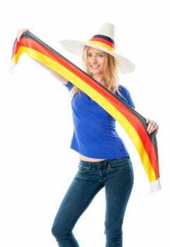Blonde female football fan holds fan scarf