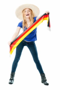 Blonde female football fan holds fan scarf