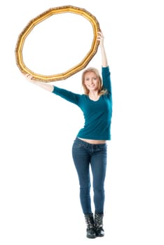 Blonde girl holds a gold picture frame