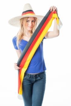 Blonde female football fan holds fan scarf