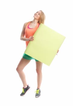 Blonde athlete holds a billboard
