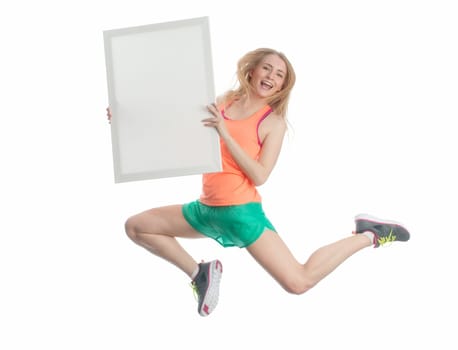 Blonde athlete with advertising sign