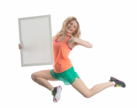 Blonde athlete with advertising sign