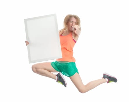 Blonde athlete with advertising sign