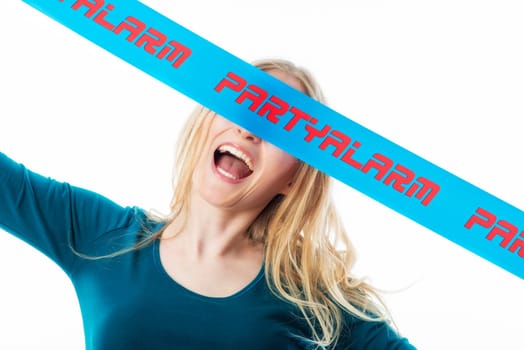 Blonde girl holds up an advertising banner with inscription