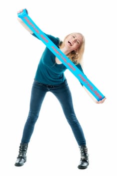 Blonde girl holds up an advertising banner with inscription