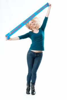 Blonde girl holds up an advertising banner with inscription