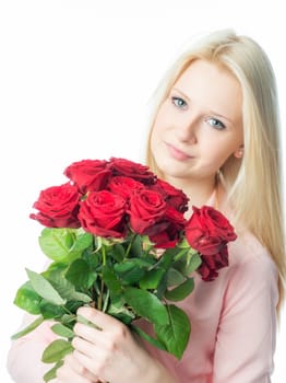 Blonde girl with bouquet of roses