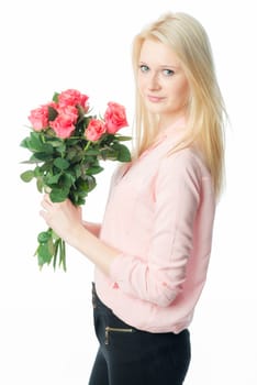 Blonde girl with bouquet of roses