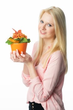 Blonde girl with potted plant