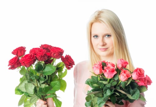 Blonde girl with bouquet of roses