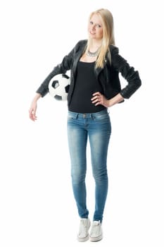 Blonde girl in leather jacket with football