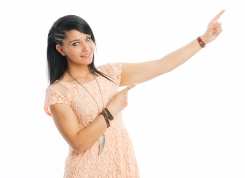 Black-haired girl points finger