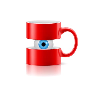Red mug divided into two parts with a blue eye between them.