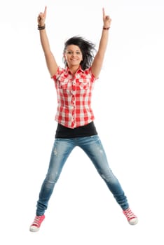 Young girl jumps into the air with joy