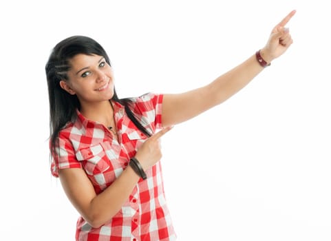 Black-haired girl points up
