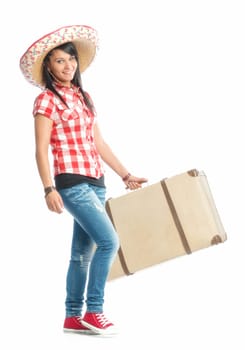 Young girl with sombrero carrying a suitcase