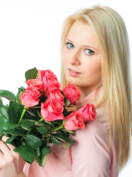 Blonde girl with bouquet of roses