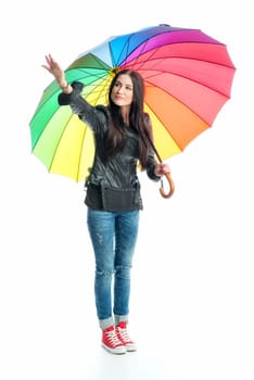 Woman with umbrella checks weather