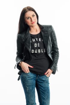 Young woman in leather jacket