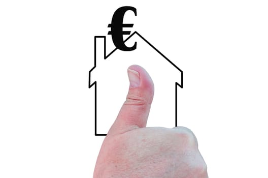 Hand with thumbs up in front of house sketch with euro sign and a white background.