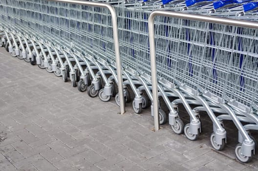 Empty shopping trolleys in rows and limbs in front of the supermarket