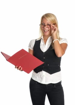 Blonde woman with application folder