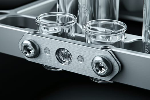 Clear glass containers are positioned in a metal frame, ready for use in laboratory experiments or chemical analysis activities.