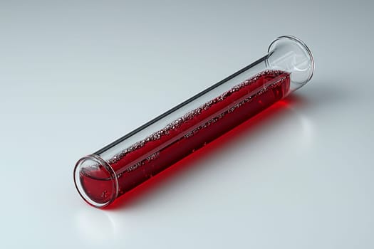 A glass test tube filled with a vibrant red liquid and bubbles sits on a clean, plain surface in a laboratory setting.