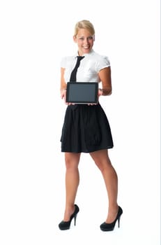Blonde woman with tablet