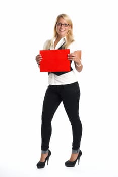 Blonde woman holds advertising sign