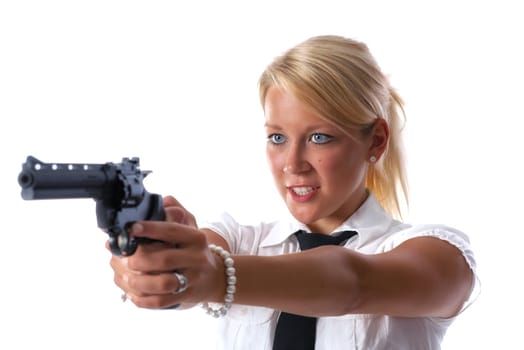 Blonde woman with gun