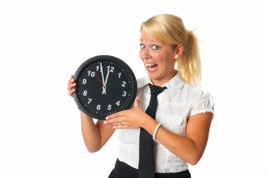 Woman holds a wall clock