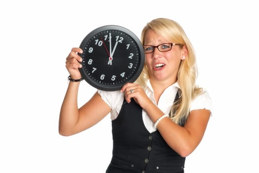 Woman holds a wall clock