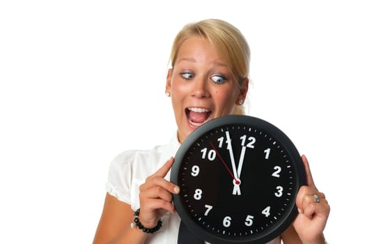 Woman holds a wall clock