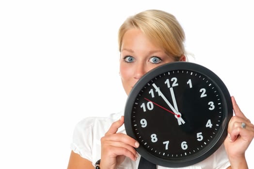 Woman holds a wall clock