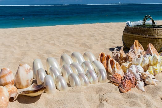 Collected mussels are put up for sale by souvenir dealers on the beach in Bali