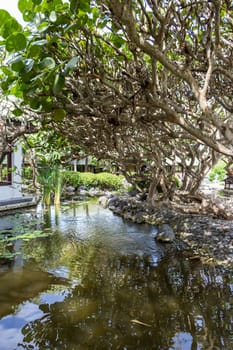 Fountain in an artificial garden in summer in Bali