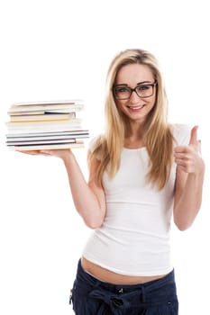 Young blonde woman with long blonde hair with a stack of books on her arm isolated against a white background