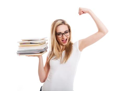 Young blonde woman with long blonde hair with a stack of books on her arm isolated against a white background
