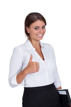 Young laughing businesswoman with dark hair isolated against white background