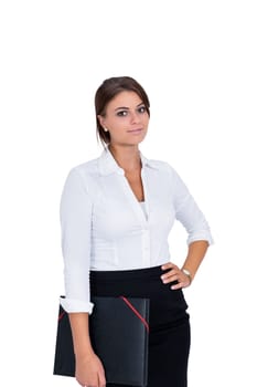 Young laughing businesswoman with dark hair isolated against white background