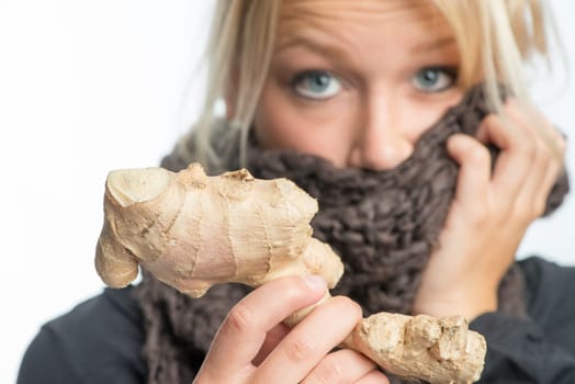 Sick woman with ginger bulb