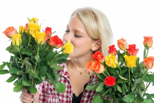 Blonde woman holds rose bouquet