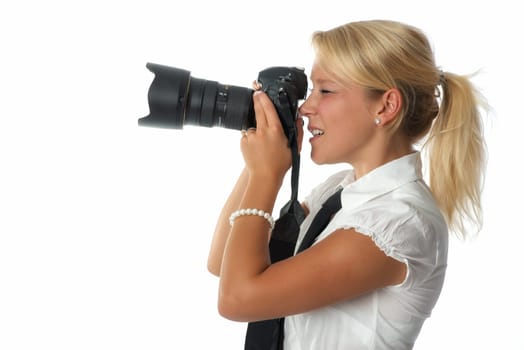 Blonde woman with camera