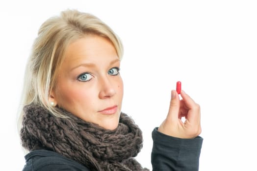 Sick blonde woman with medication