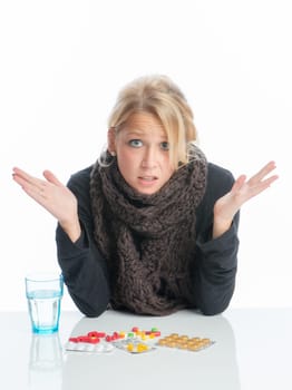 Sick blonde woman with medication