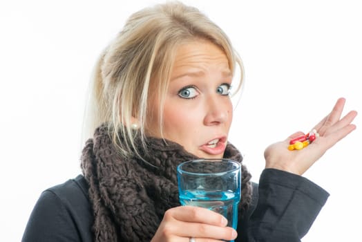 Sick blonde woman with medication