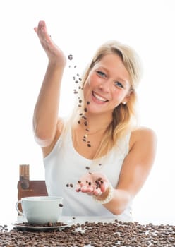 Young woman with coffee beans