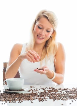 Young woman with coffee beans